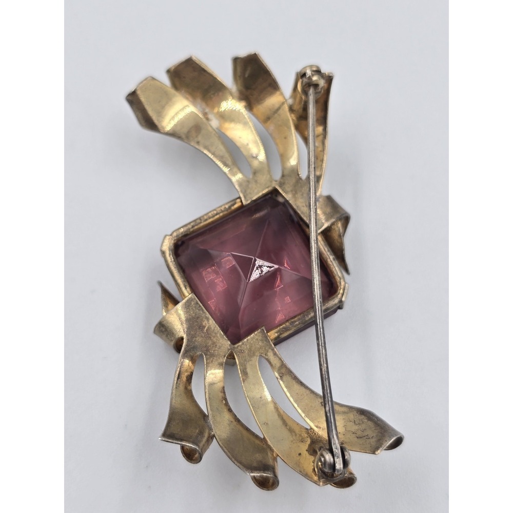 Vintage Sterling Gold Tone Purple Faceted Glass Brooch Pin Art Deco - Picture 6 of 14